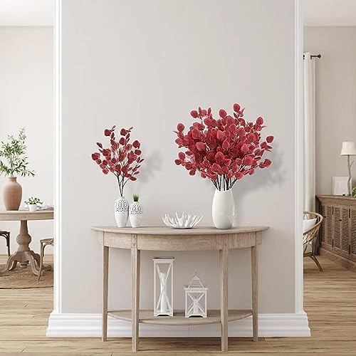 Sggvecsy Artificial Eucalyptus Leaves, 6 Pieces, 35.43 Inch Long, Red Color, Plastic and Silk Material, Easy to Bend and Adjust
