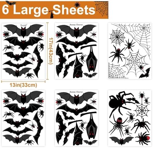 Halloween Decorations Window Clings Decor, Large Scary Silhouette Bats Spider Kids School Home Office Accessories Party Supplies Gifts, 6 Sheet 59pcs