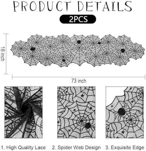 Halloween Table Runner 2pcs Spiderweb Table Runner Black Lace Spider Web Table Runners for Halloween Table Decor Lace Runner for Tables Dinning Tables Centerpiece Kitchen Dining Decoration 18x73 Inch
