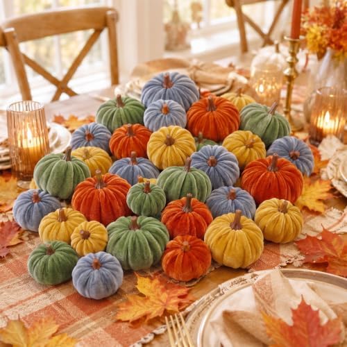 Weysat 24 Pcs Rustic Velvet Pumpkins Fall Thanksgiving Decor, Assorted Size