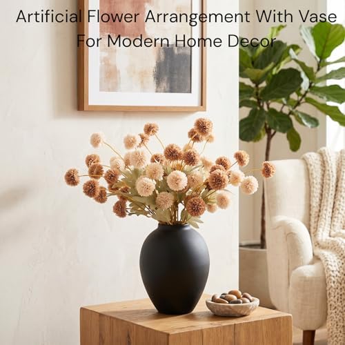 RyddeligHome 12 Stems Fake Mum Flowers with Black Vase for Home Decor