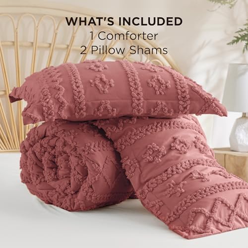 Bedsure Tufted Boho Comforter Set King Size - Grayish Pink Boho Bed Set, GentleSoft™ 3 Pieces Farmhouse-Style