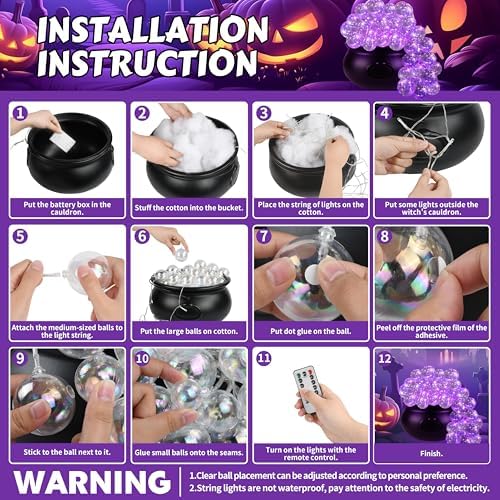 Halloween Witches Cauldron Decorations, DIY Bubbling Large Cauldron Bowl Set with Clear Plastic Balls and String Light for Halloween Hocus Pocus Party Indoor Outdoor Decor
