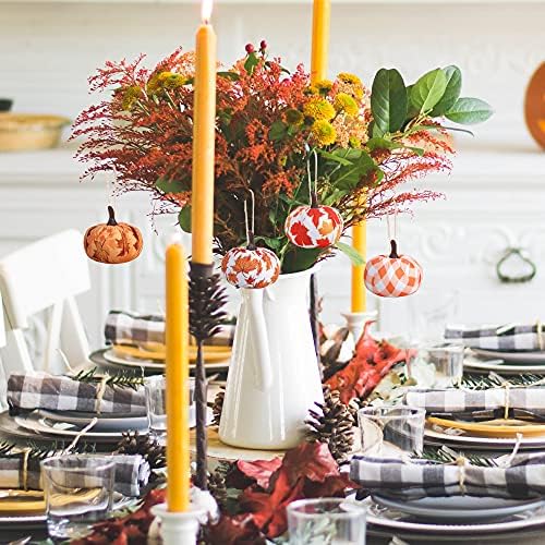 12PCS Fall Thanksgiving Plaid Fabric Wrapped Pumpkin Shaped Ornament