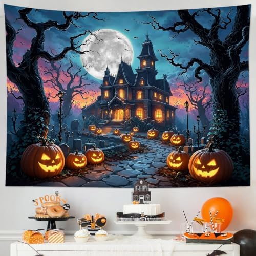 LB Spooky Halloween Tapestry Horror Pumpkin Ghost Castle Wall Tapestry Black Dead Tree Bat Moon Night Tapestries Wall Hanging for Bedroom Living Room Dorm Decor, 59Wx51H inches