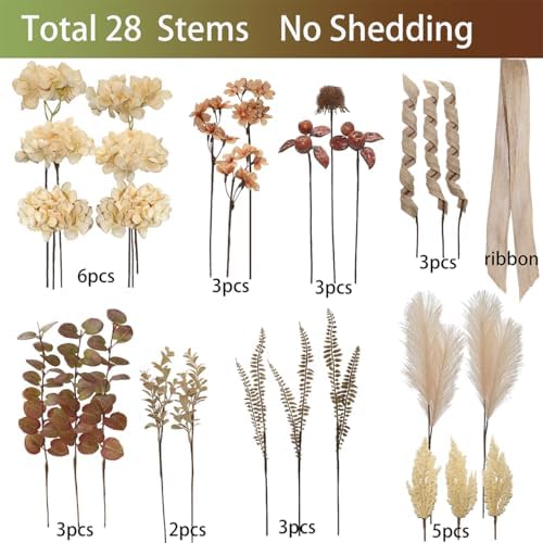 28Pcs Boho Artificial Dried Hydrangea Flower Bouquet with Berries, Burlap Pampas, Burgundy & Green Ombre Leaves, Fake Fall Winter Thanksgiving Harvest Floral Arrangement Vase Centerpieces, 17"