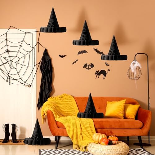 Fourluoo 12 Pack Halloween Honeycomb Decorations Bats Ghosts Set,Witch Hat