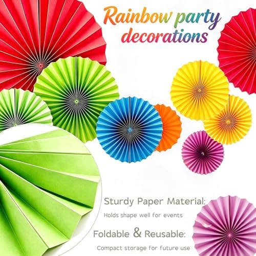 Rainbow Paper Round Fan Decorations,Vibrant Red Green Yellow Blue Orange Purple Hanging Fans, Fiesta Party Decor, Wedding Birthday Backdrop, Back to School Decor, Set of 12, 10", 12"