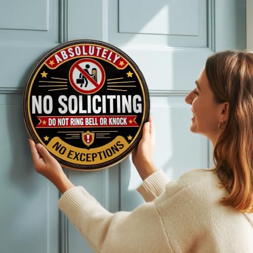 Absolutely No Soliciting Wooden Hanging Sign for House Front Door, Don't Knock or Ring Doorbell Sign for Private Property