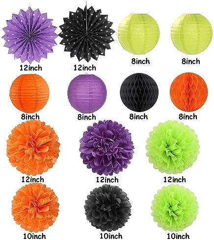 Black-Orange Purple Green Halloween Party-Decorations - 14pc Kit Paper Lanterns Fan,Tissue Flower Pom Poms Streamers,Honeycomb Balls,Birthday Supplie Wedding Baby Bridal Shower Decor Lasting Surprise