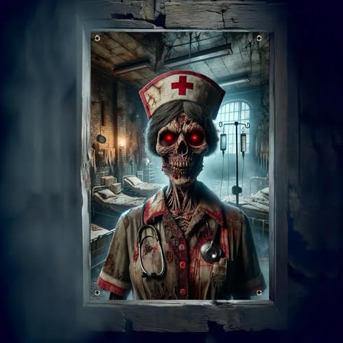 BlissYard Halloween Window Cover Hanging Banner Decor Zombie Nurse Scene 31x47 inch Creepy Bloody Hospital Horror Wall Decoration for Haunted House Door Display Party Prop Backdrop