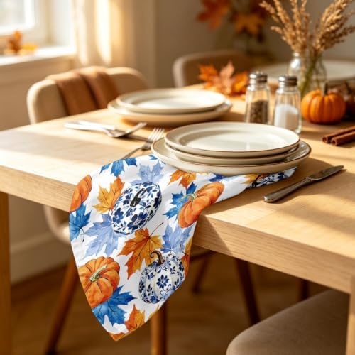 Fall Pumpkin Cloth Napkins Set of 4, Blue White Chinoiserie Dinner Napkins 18x18 Inch, Reusable Fabric Napkins with Maple Leaves for Thanksgiving Table Decor, Autumn Farmhouse Table Setting