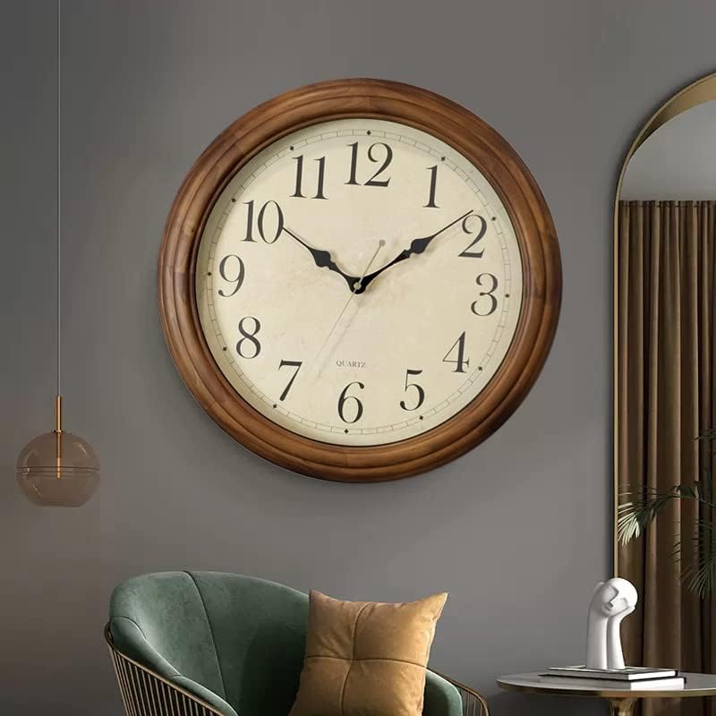 CHIRAY 16-Inch Solid Wood Silent Non-Ticking Decorative Wall Clock with Large Arabic Numerals Battery Operated Analog