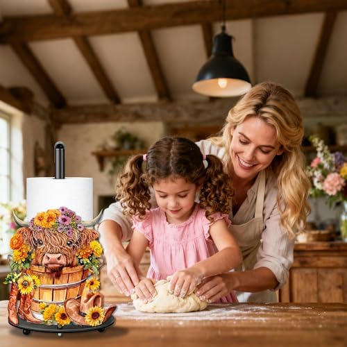 Highland Cow Paper Towel Holder, Highland Cow Decor for Countertop Cute Farmhouse Sunflower Decor for Home Table, Housewarming Birthday Gifts for Farm