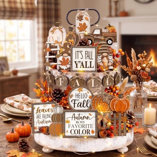 Shellwei 20 Pcs Fall Tiered Tray Decor Set, Thanksgiving Wooden Table Sign