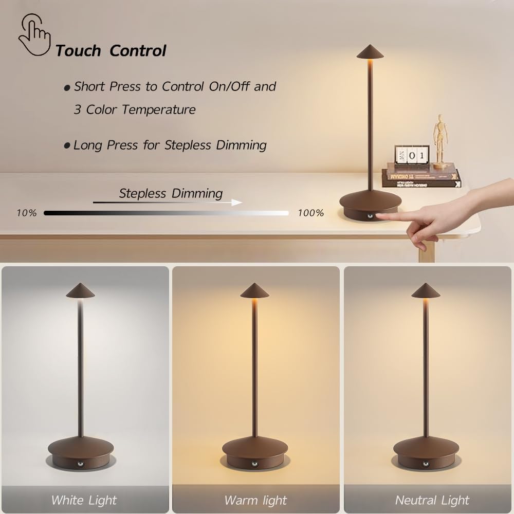 2 Pack Aluminum Cordless Table Lamp, 6000mAh Rechargeable Table Lamps, Portable Touch LED Lamp, Outdoor Waterproof