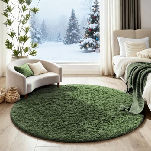 Ophanie Round Rug 4Ft Grey Green Circle Area Rug, Grayish Green Room Decor, Fluffy Fuzzy Bedroom Carpet, Plush Soft