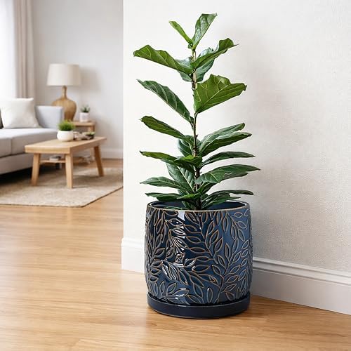 D'vine Dev Embossed Leaves Ceramic Planter, 10 in, Midnight Blue, 27-A-P-3