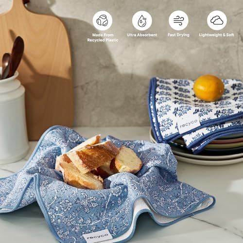 RECYCO Waffle Kitchen Towel Set of 2 - Quick Dry Microfiber Sustainable Dish Towels - Ultra Absorbent Reusable Cleaning Tea Towels - Lightweight Hand Towels,16”x 28”, Porcelain Blue