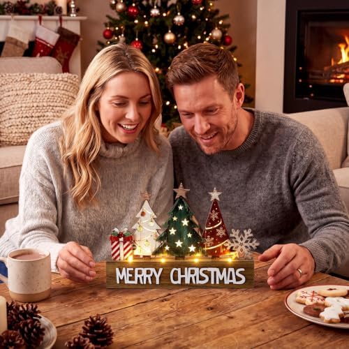 Patelai Lighted Christmas Tree Table Decor, Rustic Wooden Tree with LED