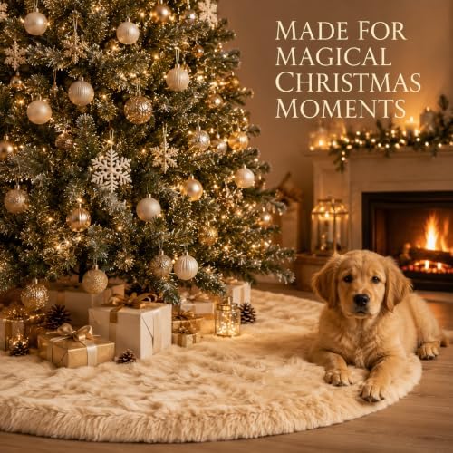 AISENO 30 Inch Christmas Tree Skirt - Beige Faux Fur Plush Holiday Decor for Xmas Tree, Festive Party, Home Decorations
