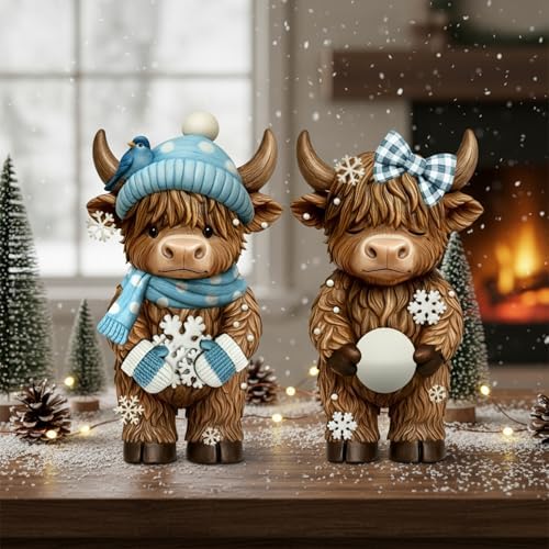 Simgoing 2 Pack Winter Highland Cow Figurines Snowflake Highland Cow Tabletop Decorations Calf Lovers Gifts for Home Centerpieces Holiday Ornament Gifts