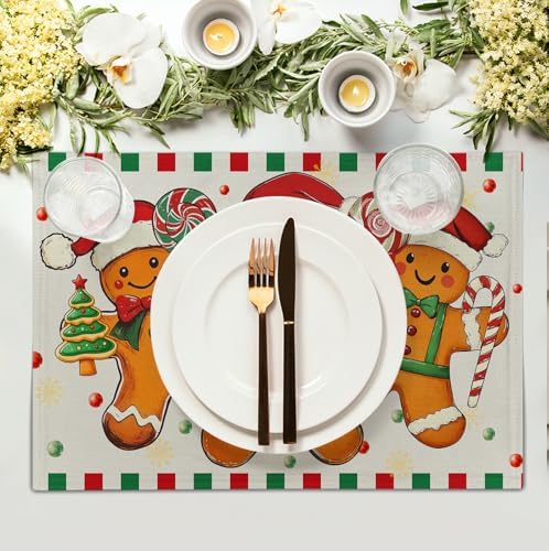 Gingerbread Man Christmas Placemats Set of 4 Candy Cane Xmas Seasonal Holiday Linen Table Mats Red Green Orange Winter Washable Place Mats for Party Kitchen Dining Outdoor Indoor Decor