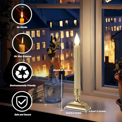 6 Pcs Sensor Dawn to Dusk Window Candles, Flickering Battery Candles for Windows, Ultra Bright Fake Candle Lights with Gold Holders, Led Candlesticks for Xmas Home Decor, White Light