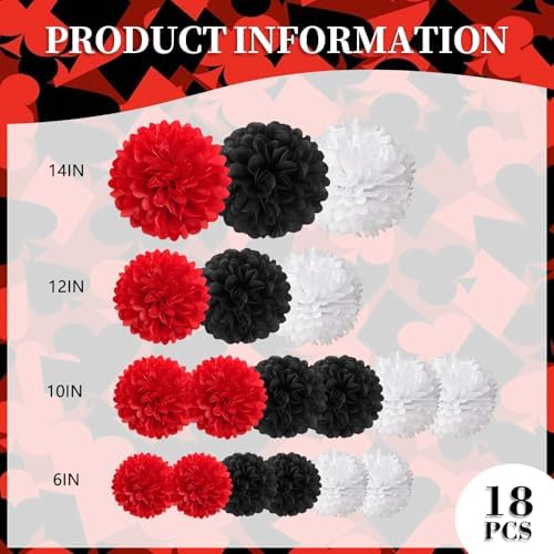 18 PCS Tissue Paper Pom Poms, Tissue Paper Flowers, Sizes of 6", 10", 12", 14" Bachelorette Paper Flower Party Decor for Wedding, Birthday, Fiesta Stranger, Baby Showers (Black Red White)