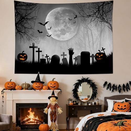 LB Halloween Tapestry Horror Black Bat Pumpkin and Cemetery in Misty Forest Wall Tapestry for Bedroom Spooky Full Moon Wall Art for Living Room Decor, 60 x 40 Inches