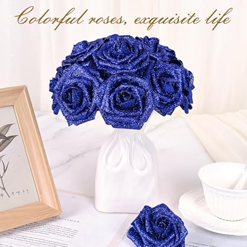 BLEUM CADE 36Pcs Artificial Flowers Glitter Roses with Stems for Wedding