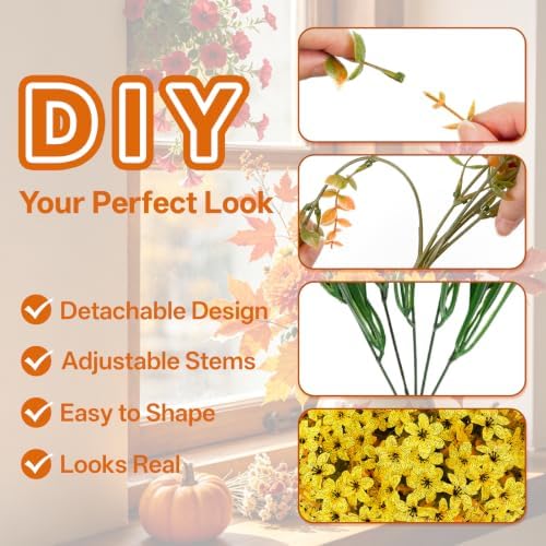 15 PCS Artificial Fall Flowers for Outdoors, Six-Petaled Faux Silk Mums
