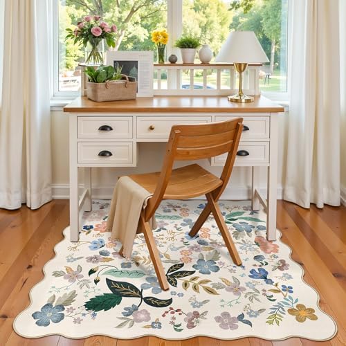 Washable 4x4 Square Area Rug: Floral Scalloped Soft Rugs for Living Room Bedroom Non Slip Bathroom Nursery Floor Mat