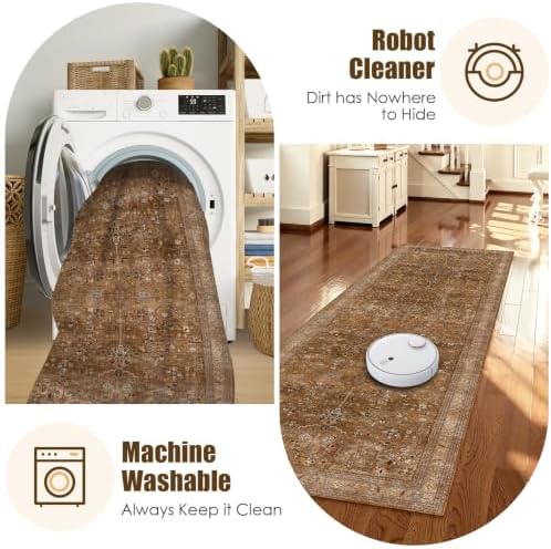 Washable Area Rug 2'6'' x 8' Vintage Traditional Persian Mat - Foldable Distressed Non-Slip Machine Washable Carpet for