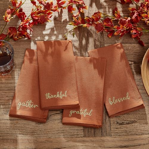 Threadmade Harvest Sentiment Embroidered Napkins, Set of 4, Rust - 17" W x 17" L