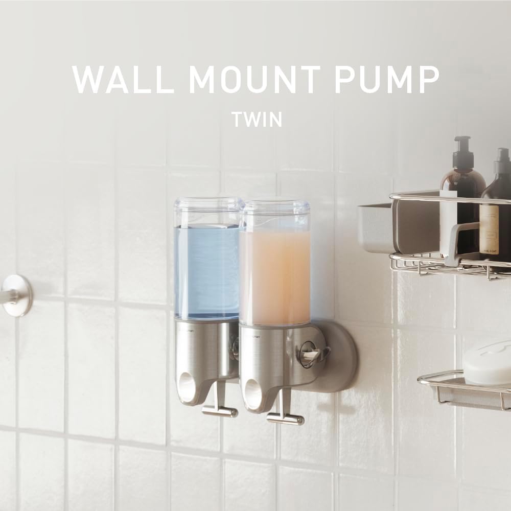 simplehuman Wall Mount Pumps, Twin 15 fl. oz. Shampoo & Soap Dispenser, Stainless Steel
