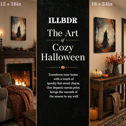 ILLBDR Halloween Witch with Broomstick Canvas Wall Art 12x16 inch