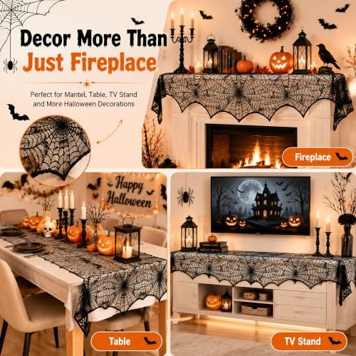 Halloween Mantel Scarf Black Lace Spiderweb for Fireplace Decor Halloween Decorations Indoor Fireplace Scarf(18 x 96 inch)(Black)