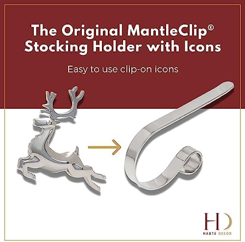 Haute Decor MantleClip Stocking Holders with Removable ZINC Alloy Holiday Icons (4-Pack Assorted Icons, Antique Brass)