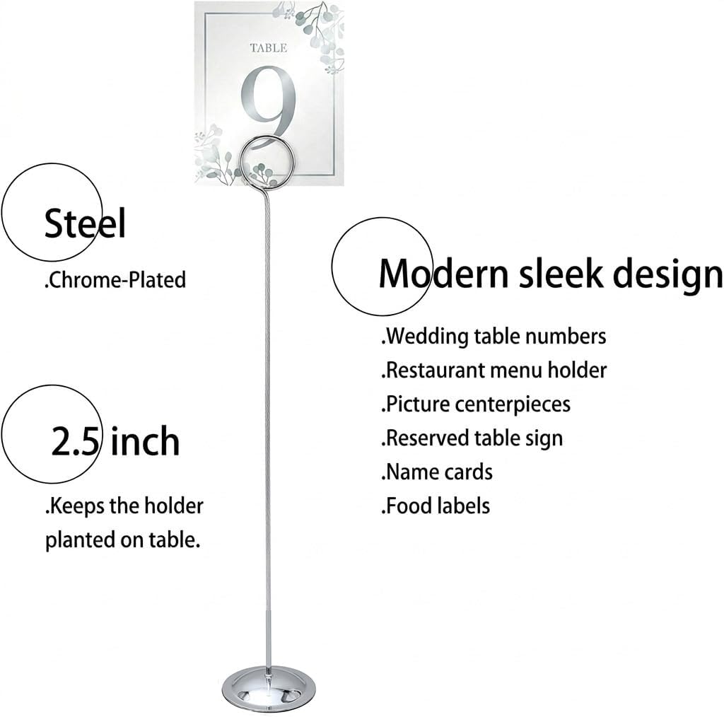 HOHIYA 12 Pack Silver Table Number Holders 12" Wedding Place Card Stands | Modern silver stands display table numbers