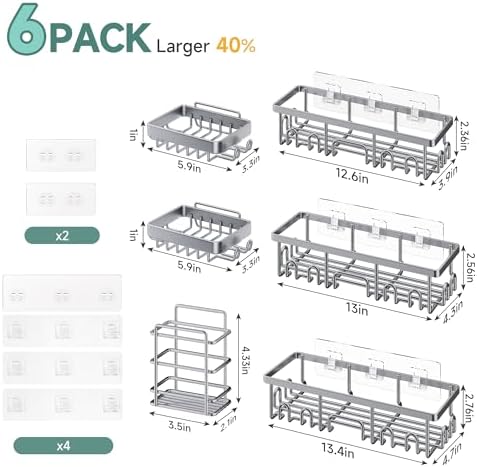 Veken Shower Caddy 6-Pack, No Drilling & Rustproof, Waterproof Adhesive Shelves Rack with Soap Holder, Large Capacity