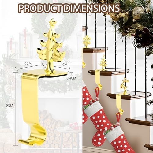 Komotu 4 Pcs Christmas Stocking Holders for Mantle, Upgrade Stable Lightweight Metal Stocking Holder No-Slip Stocking Hangers for Mantle, Mantel Stocking Holders Clip for Xmas Party Decoration (Gold)
