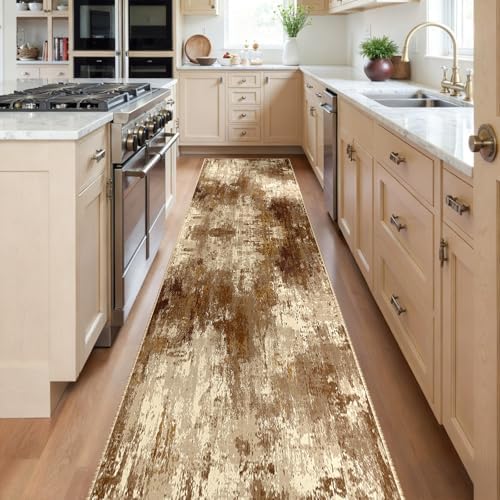 RELEANY Washable Runner 2'x8' Abstract Area Rug for Hallway Brown Tan