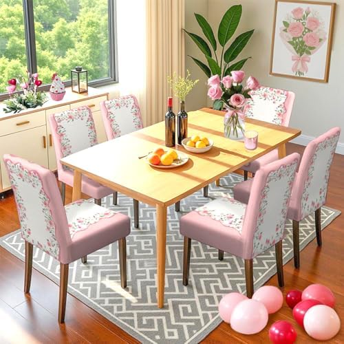 Valentine's Day Chair Covers Set of 6, Romantic Pink Rose Chairs Slipcover for Dining Room, Removable Washable Breathable Cover in the Kitchen Restaurant Holiday Decor
