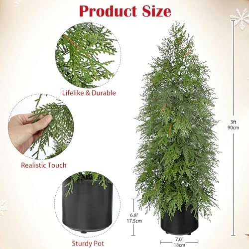 3FT Artificial Cedar Topiary Tree, Real Touch Fake Cedar Topiary Tree Potted Plants for Home Office Front Porch Garden Entryway Indoor Outdoor Evergreen Decor