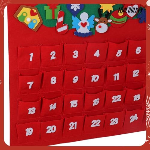 Christmas DIY Advent Calendar Felt Advent Calendar with Pockets Hanging Reusable Countdown Calendar for Kids Christmas Decorations Gifts (Red +Green Christmas tree)
