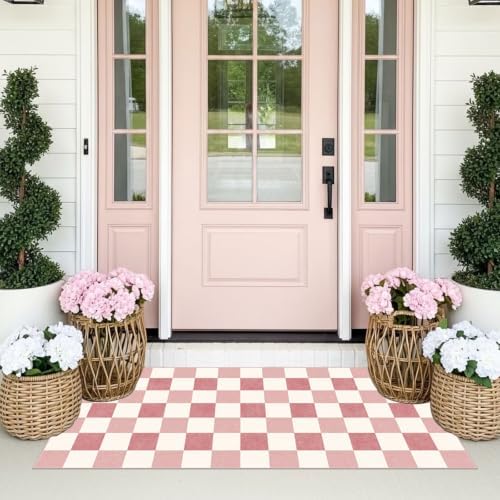 Front Door Mat Indoor Entrance, 2x4.3 Cute Pink White Checkered Rug