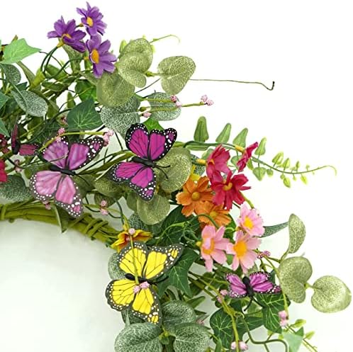 20" Artificial Spring Summer Wreath with Fake Butterflies,Eucalyptus Leaves,Daisy,Dry Vine Branches,Fern Leaves for Front Door Indoor Outdoor Farmhouse Wall Holiday Decor, White Gift Box Included