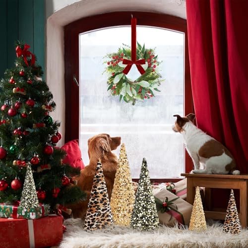 6 PCS 12" 10" 6" Christmas Leopard Cone Tree Decoration Christmas Glitter Leopard Cheetah Print Table Tree Farmhouse Velvet Tree Tiered Tray Ornament for Home Holiday Tree Centerpiece Decor