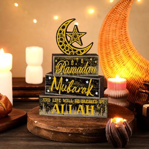 Moucuny 4 Pcs Ramadan Mubarak Wooden Block Signs, Farmhouse Table Decor